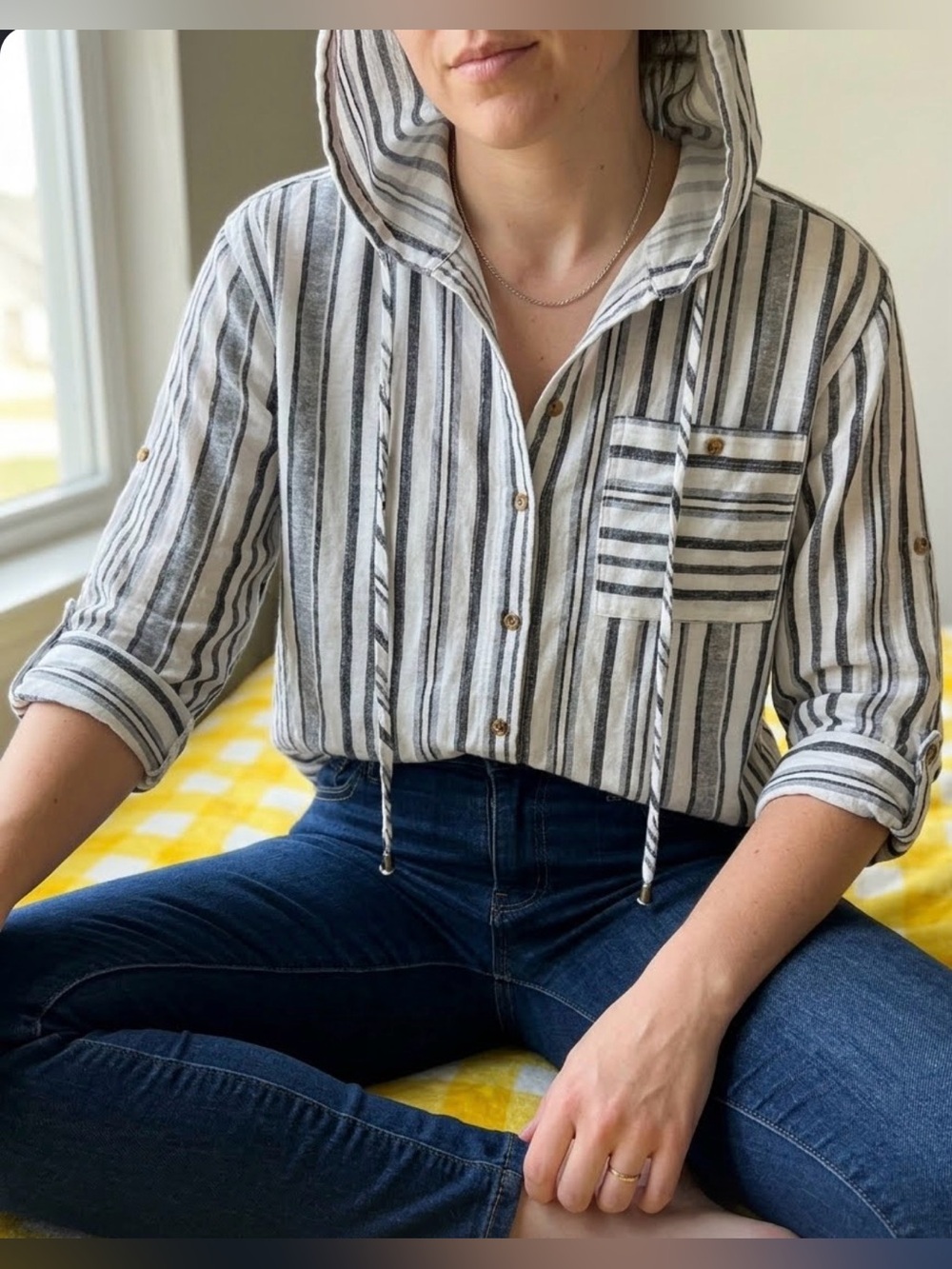 Hooded Button-Down Stripe Shirt - White & Black
